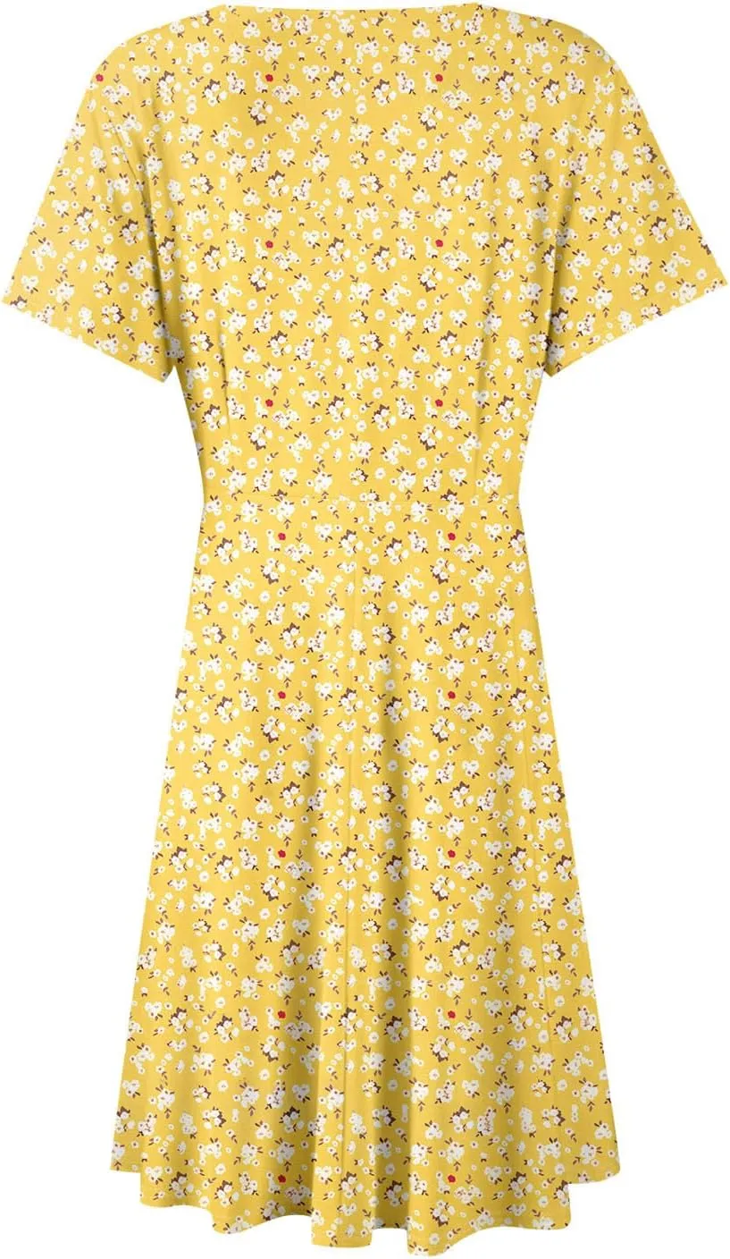 Floral Dress for Women Casual Summer V Neck Short Sleeve Knee Length Wrap Dress Cute Sundresses for Beach Vacation