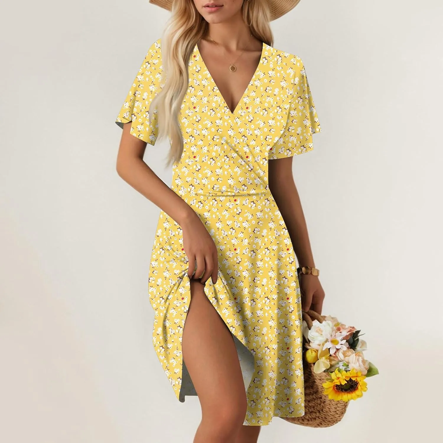 Floral Dress for Women Casual Summer V Neck Short Sleeve Knee Length Wrap Dress Cute Sundresses for Beach Vacation