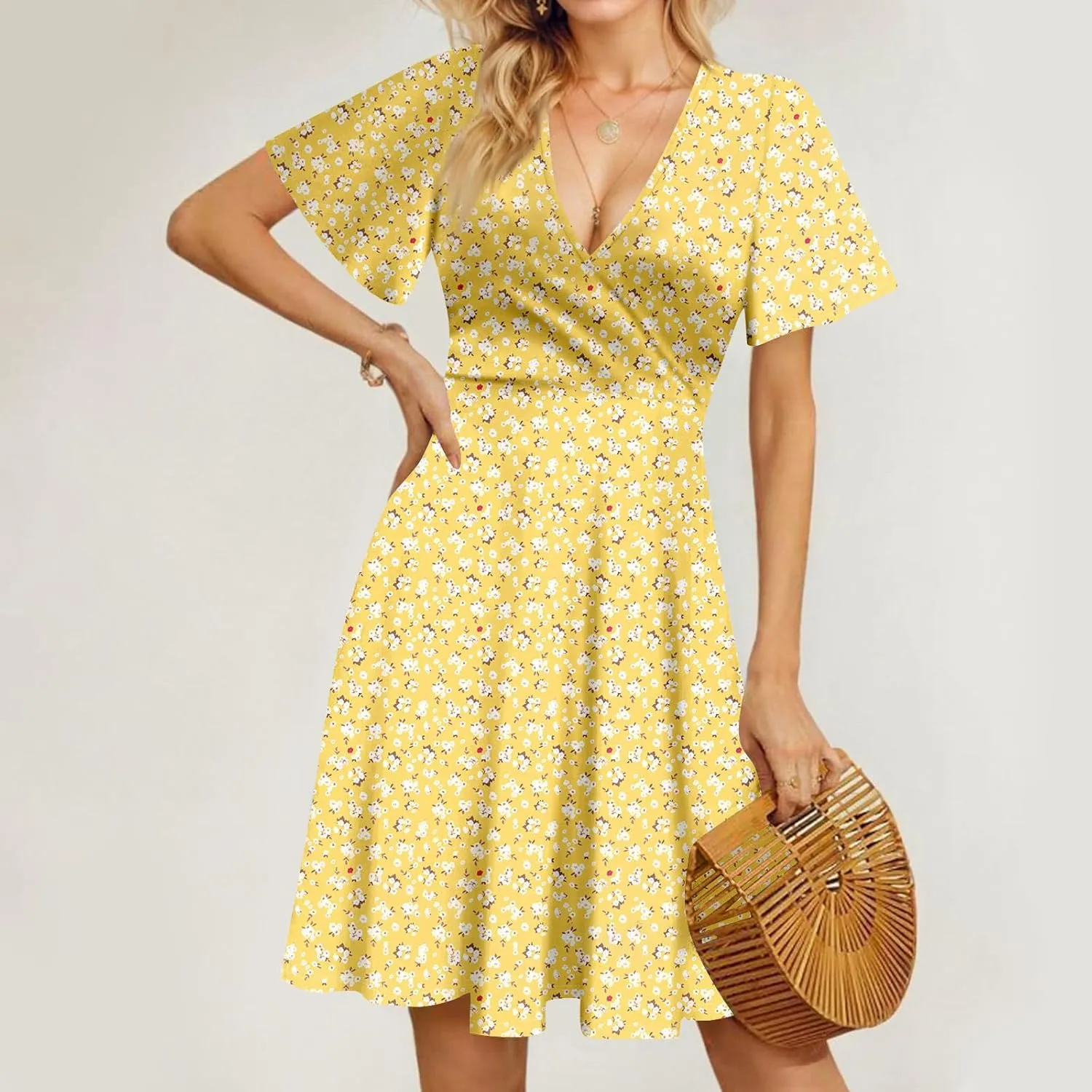 Floral Dress for Women Casual Summer V Neck Short Sleeve Knee Length Wrap Dress Cute Sundresses for Beach Vacation