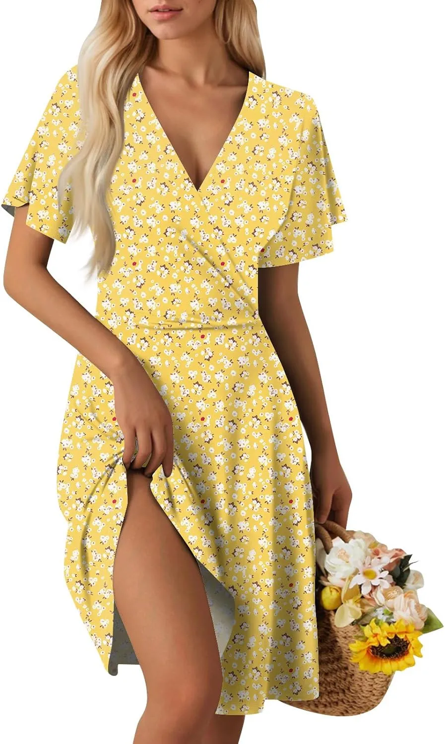Floral Dress for Women Casual Summer V Neck Short Sleeve Knee Length Wrap Dress Cute Sundresses for Beach Vacation