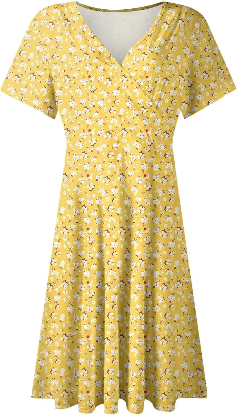 Floral Dress for Women Casual Summer V Neck Short Sleeve Knee Length Wrap Dress Cute Sundresses for Beach Vacation