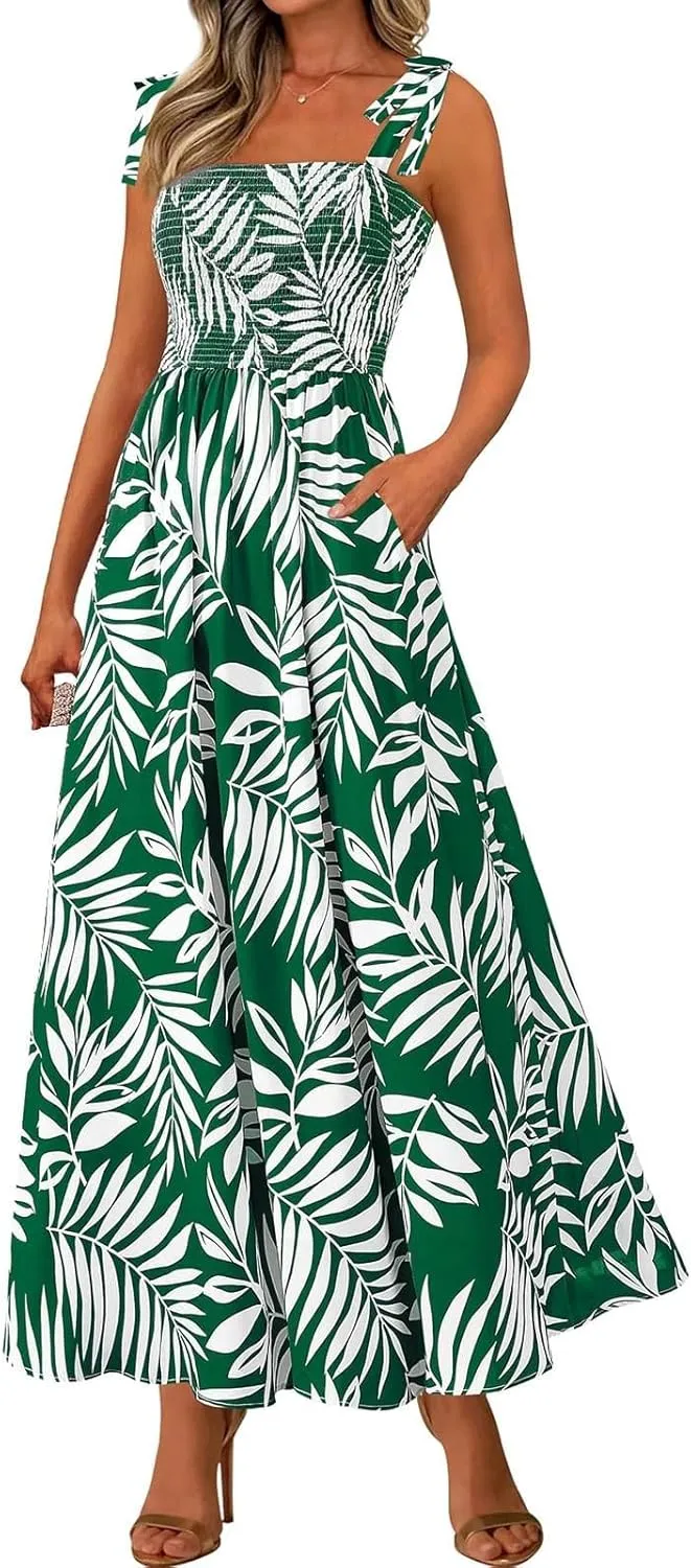 Floral Maxi Dress Summer Boho Beach Vacation Tie Strap Smocked Empire Waist Long Fit and Flare Dress with Pockets
