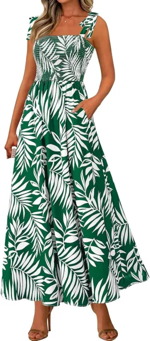 Floral Maxi Dress Summer Boho Beach Vacation Tie Strap Smocked Empire Waist Long Fit and Flare Dress with Pockets