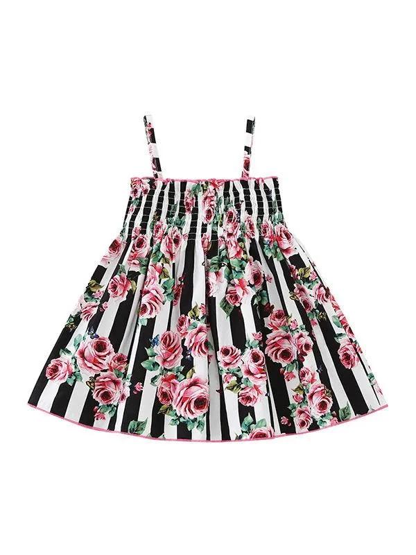 Floral Print Black White Stripes Suspender Dress Baby Toddler Girls Clothes