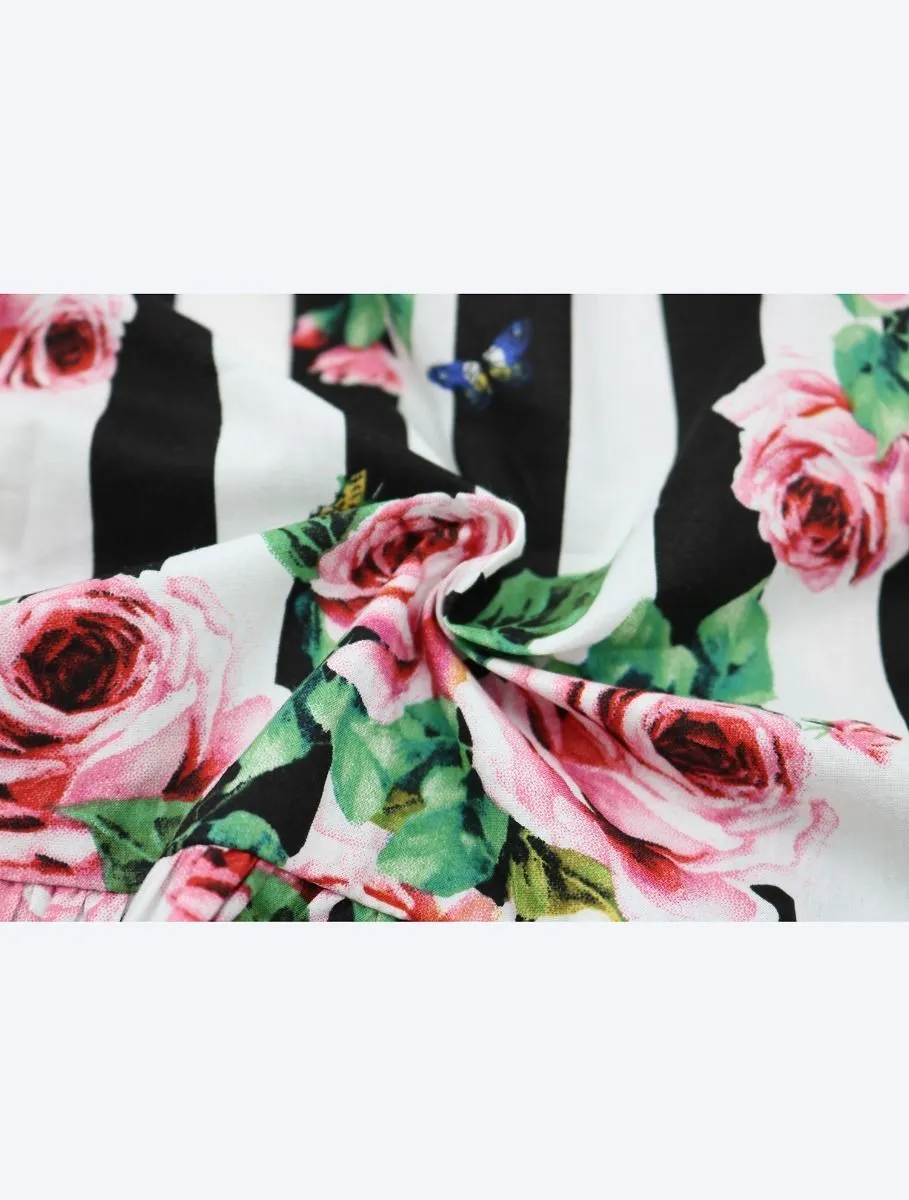 Floral Print Black White Stripes Suspender Dress Baby Toddler Girls Clothes