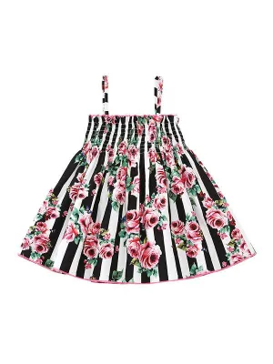 Floral Print Black White Stripes Suspender Dress Baby Toddler Girls Clothes
