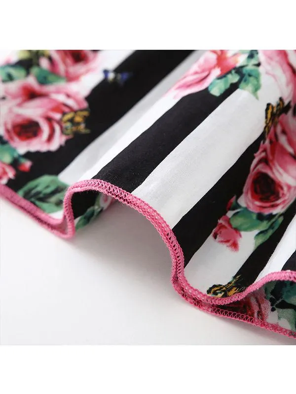 Floral Print Black White Stripes Suspender Dress Baby Toddler Girls Clothes