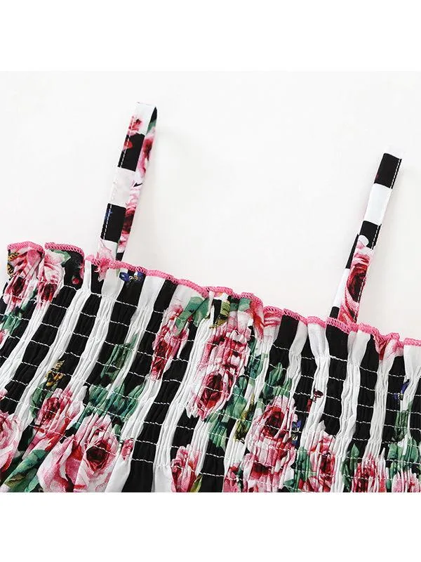 Floral Print Black White Stripes Suspender Dress Baby Toddler Girls Clothes