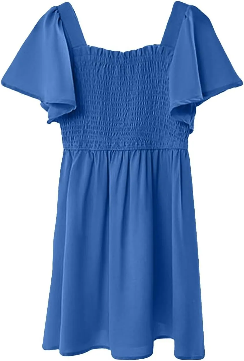 Girl Summer Dress Ruffle Sleeve Dresses Square Neck A Line Dress for Party Cute Dance Wedding Guest Dresses 5-14 Years