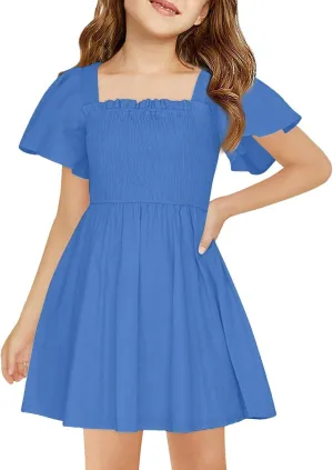 Girl Summer Dress Ruffle Sleeve Dresses Square Neck A Line Dress for Party Cute Dance Wedding Guest Dresses 5-14 Years