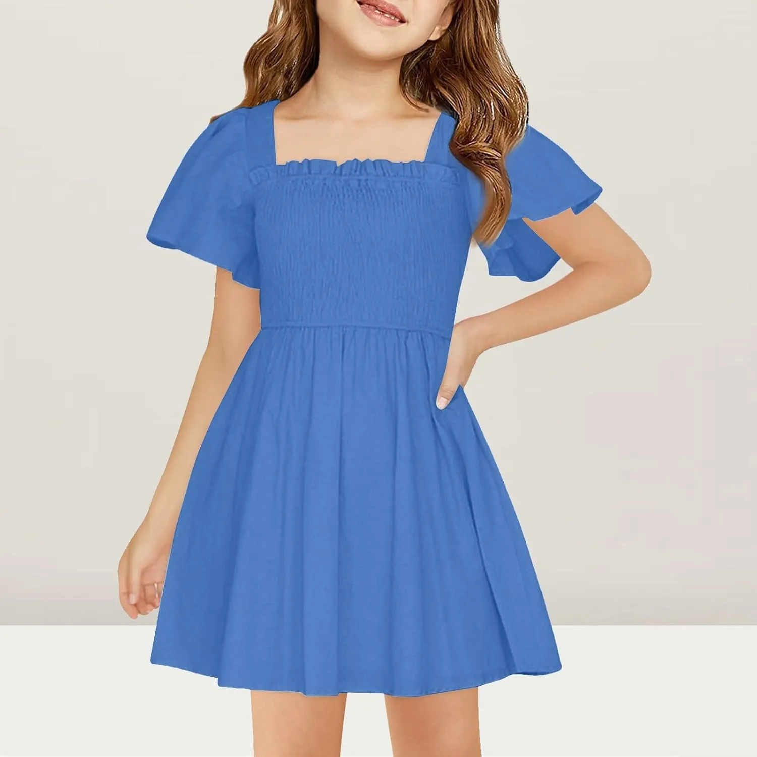 Girl Summer Dress Ruffle Sleeve Dresses Square Neck A Line Dress for Party Cute Dance Wedding Guest Dresses 5-14 Years
