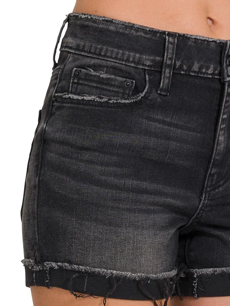 Hanging Out Washed Black Cuffed Raw Hem Denim Shorts