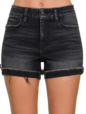 Hanging Out Washed Black Cuffed Raw Hem Denim Shorts