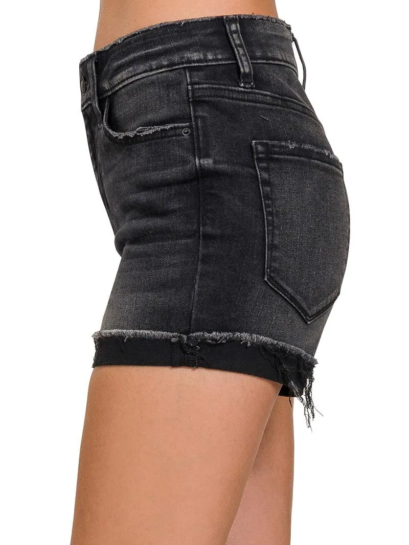 Hanging Out Washed Black Cuffed Raw Hem Denim Shorts