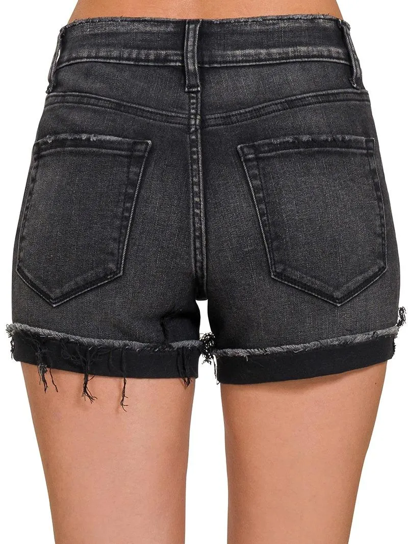 Hanging Out Washed Black Cuffed Raw Hem Denim Shorts