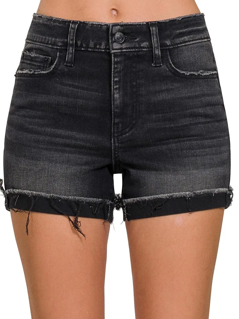 Hanging Out Washed Black Cuffed Raw Hem Denim Shorts