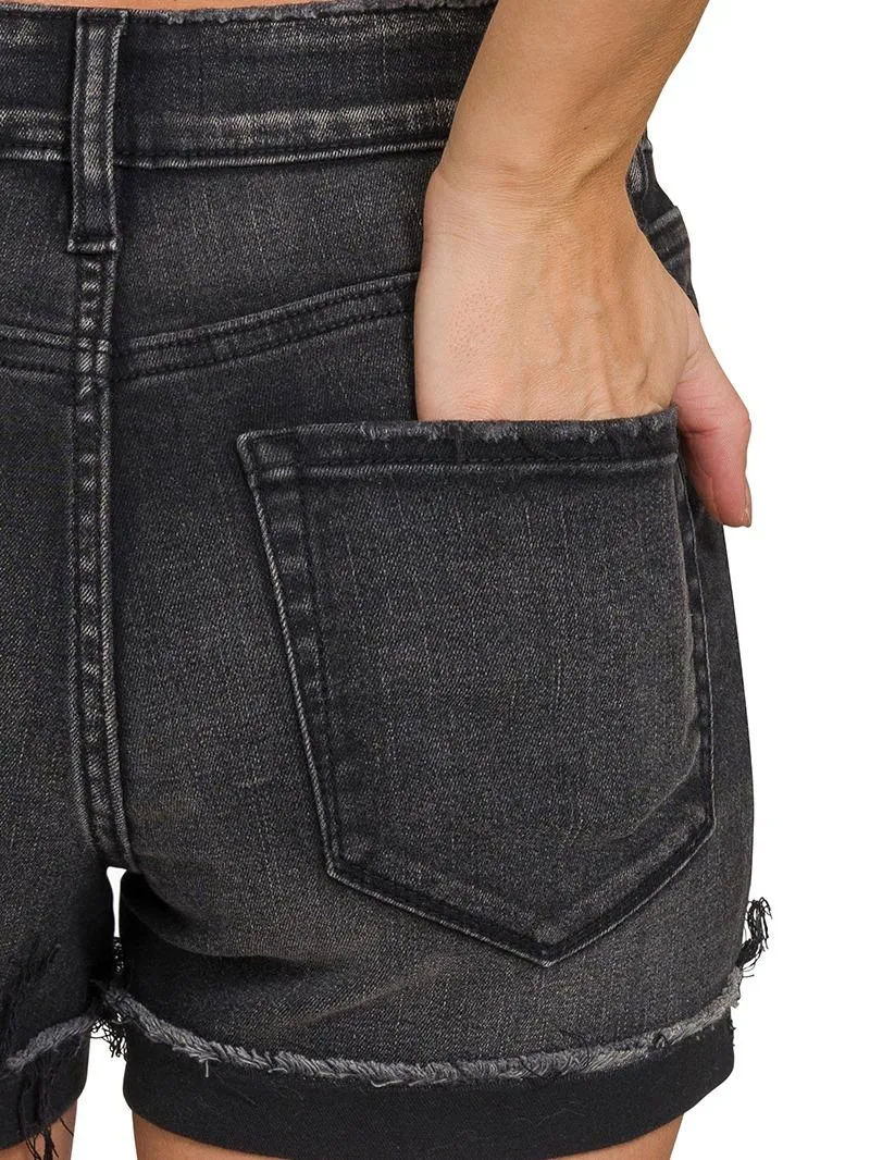 Hanging Out Washed Black Cuffed Raw Hem Denim Shorts