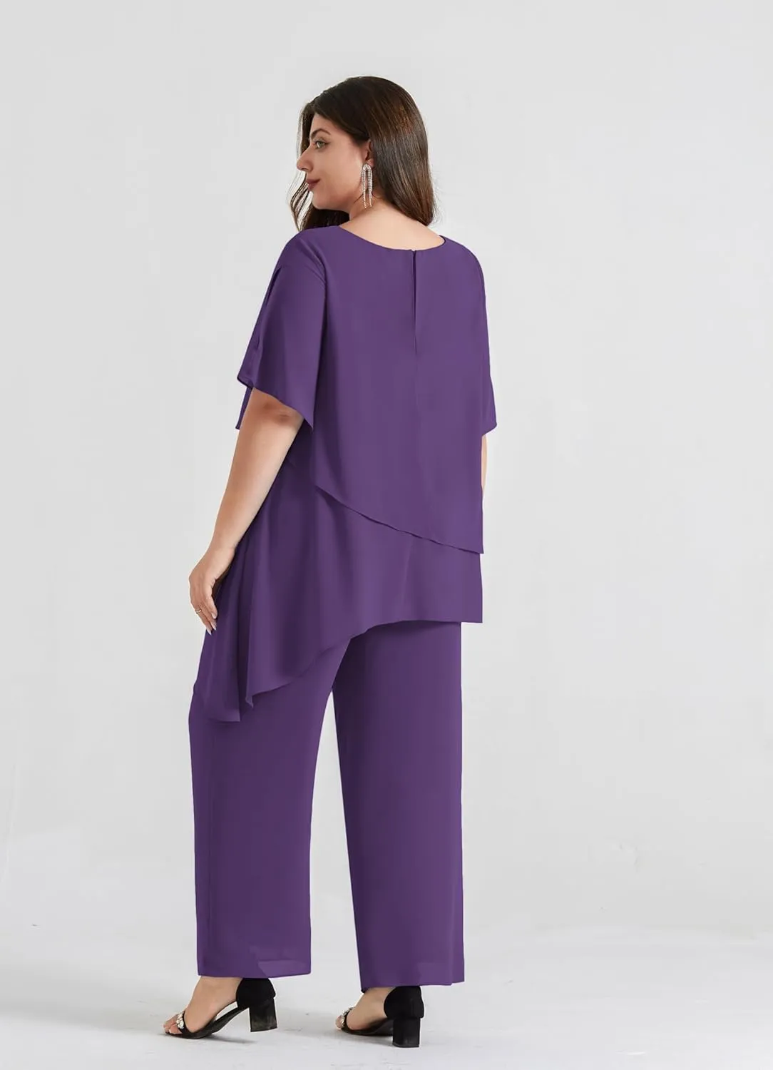 Hanna Nikole 2025 Plus Size Mother of The Bride Pant Suits 2 Piece Chiffon Sets Ruffle Asymmetric Layers Wedding Guest Outfit