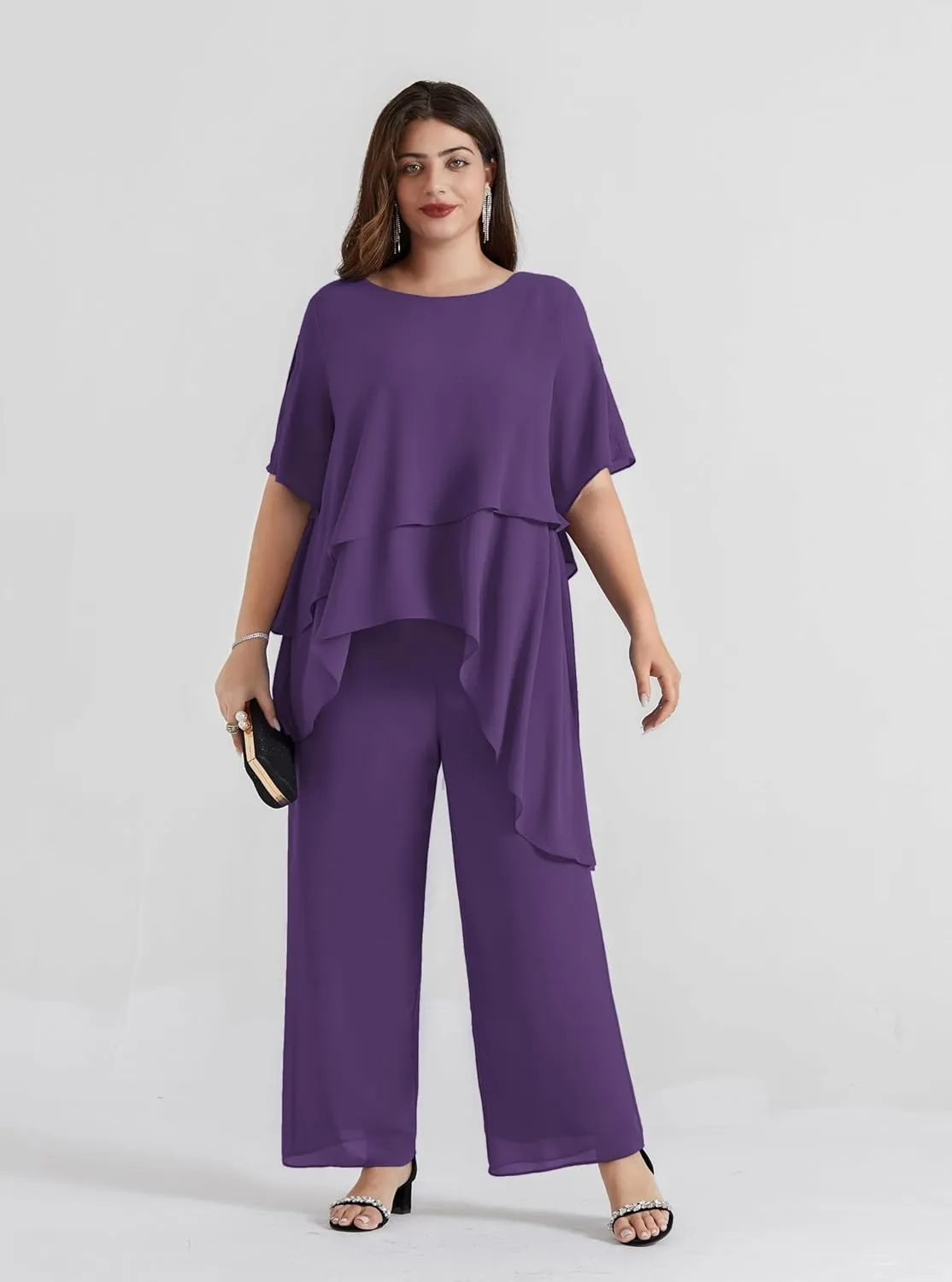 Hanna Nikole 2025 Plus Size Mother of The Bride Pant Suits 2 Piece Chiffon Sets Ruffle Asymmetric Layers Wedding Guest Outfit