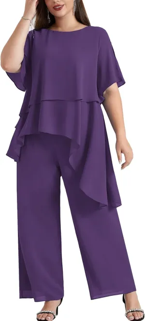 Hanna Nikole 2025 Plus Size Mother of The Bride Pant Suits 2 Piece Chiffon Sets Ruffle Asymmetric Layers Wedding Guest Outfit