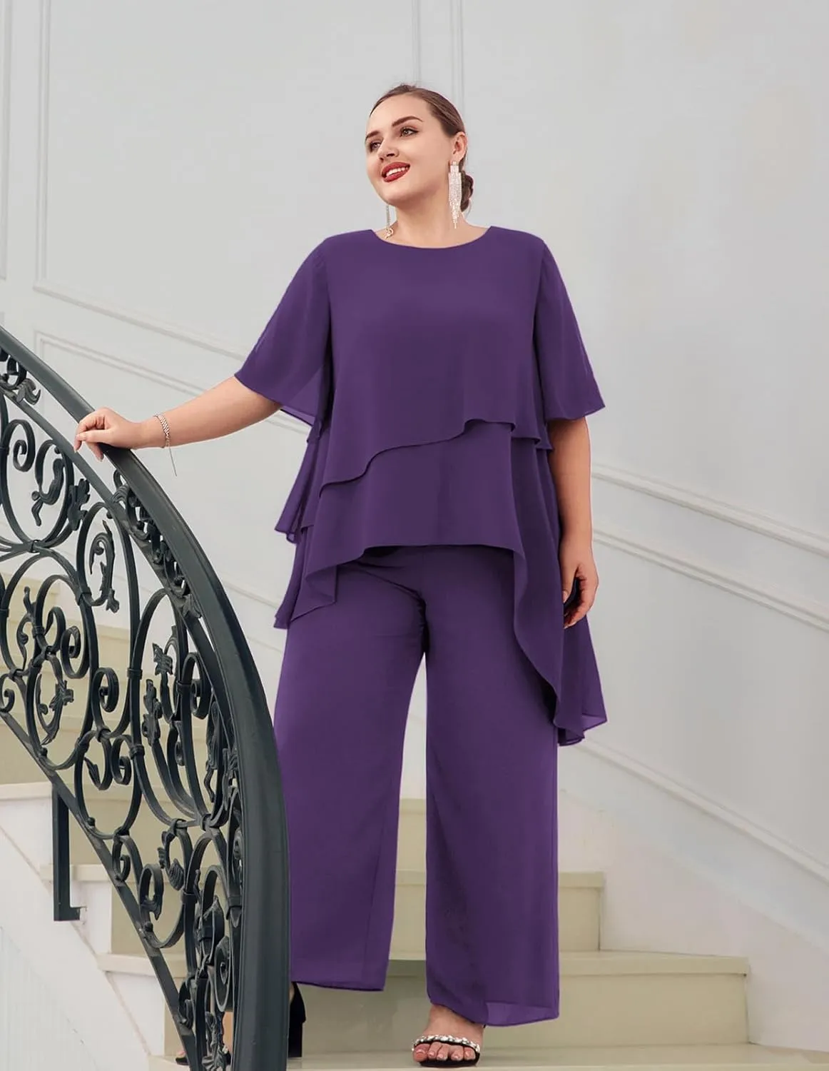 Hanna Nikole 2025 Plus Size Mother of The Bride Pant Suits 2 Piece Chiffon Sets Ruffle Asymmetric Layers Wedding Guest Outfit