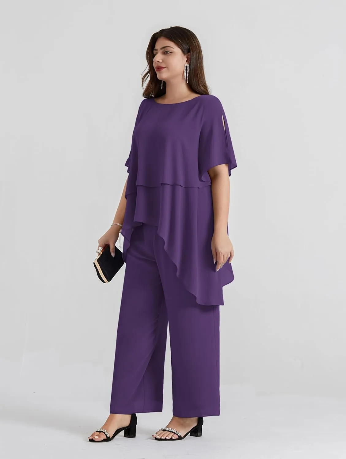 Hanna Nikole 2025 Plus Size Mother of The Bride Pant Suits 2 Piece Chiffon Sets Ruffle Asymmetric Layers Wedding Guest Outfit