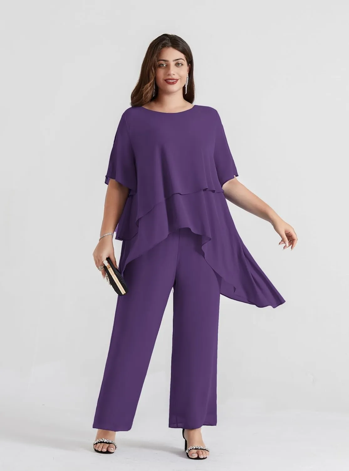 Hanna Nikole 2025 Plus Size Mother of The Bride Pant Suits 2 Piece Chiffon Sets Ruffle Asymmetric Layers Wedding Guest Outfit
