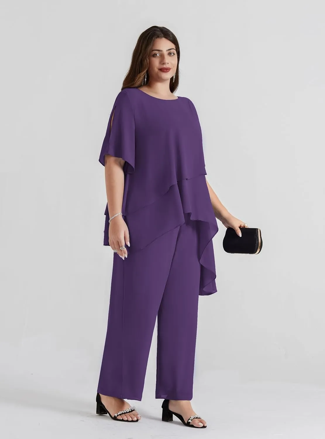 Hanna Nikole 2025 Plus Size Mother of The Bride Pant Suits 2 Piece Chiffon Sets Ruffle Asymmetric Layers Wedding Guest Outfit