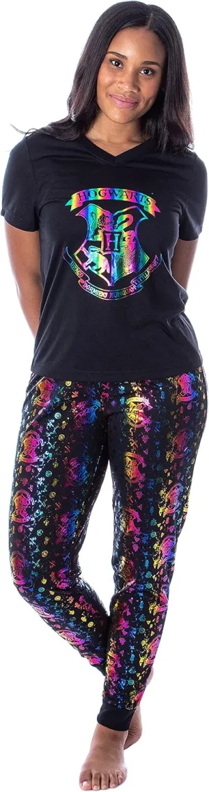 Harry Potter Womens' Rainbow Foil Hogwarts Crest 2 Piece Pajama Jogger Set