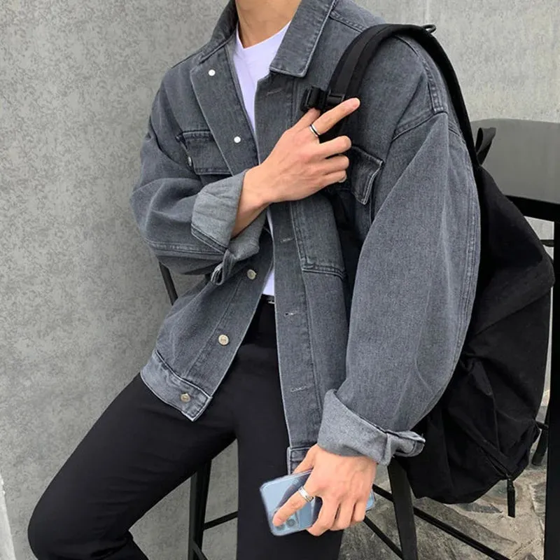 High Street Men's Denim Jackets Turn-down Collar Solid Color Casual Tops Trendy Single Breasted Loose Male Coats New 9C9002