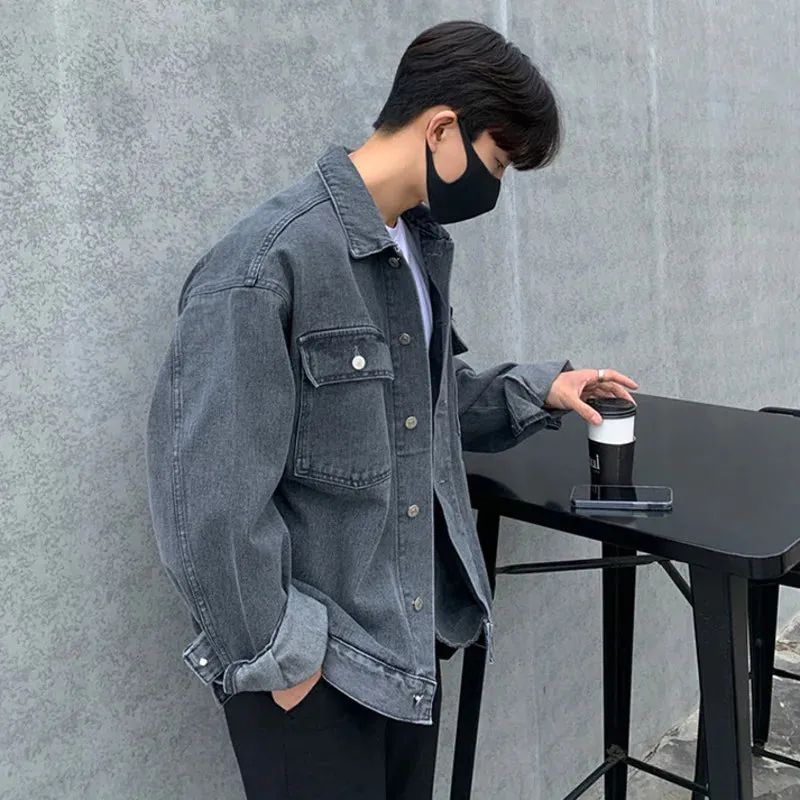 High Street Men's Denim Jackets Turn-down Collar Solid Color Casual Tops Trendy Single Breasted Loose Male Coats New 9C9002