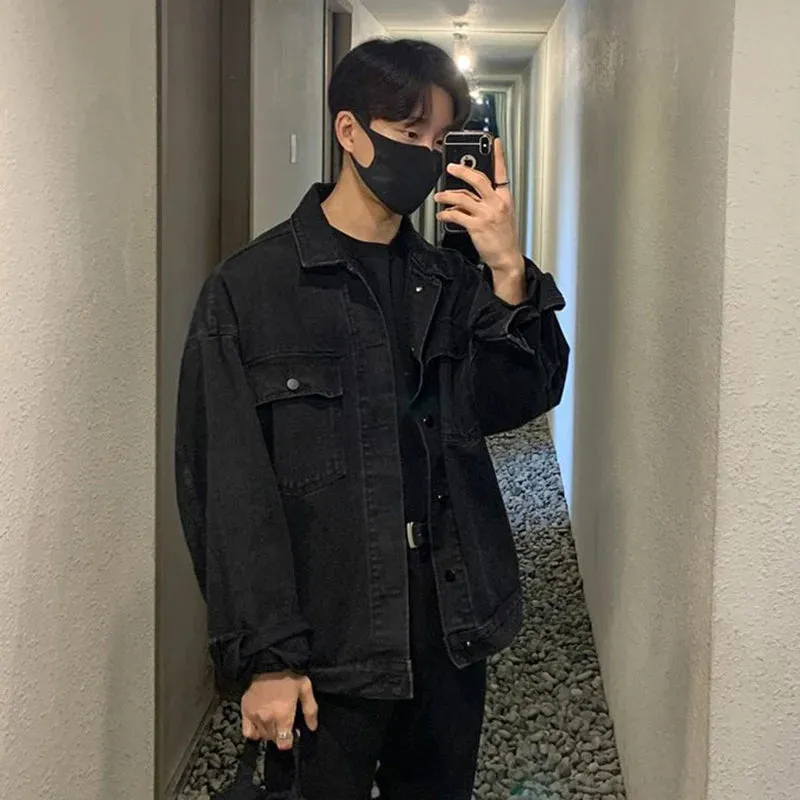 High Street Men's Denim Jackets Turn-down Collar Solid Color Casual Tops Trendy Single Breasted Loose Male Coats New 9C9002