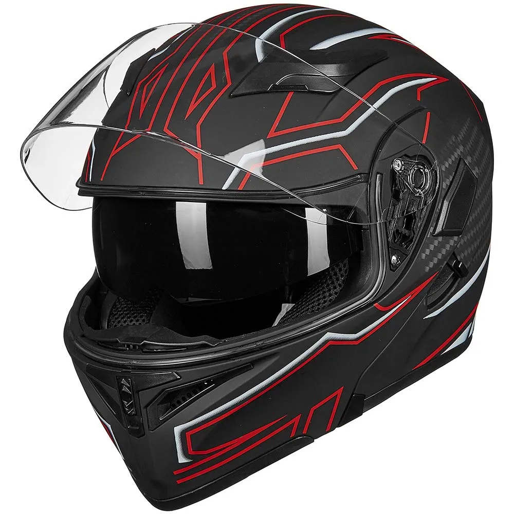 ILM Motorcycle Dual Visor Flip up Modular Full Face Helmet DOT LED Light Model 902Ls (XL, Black RED - LED)