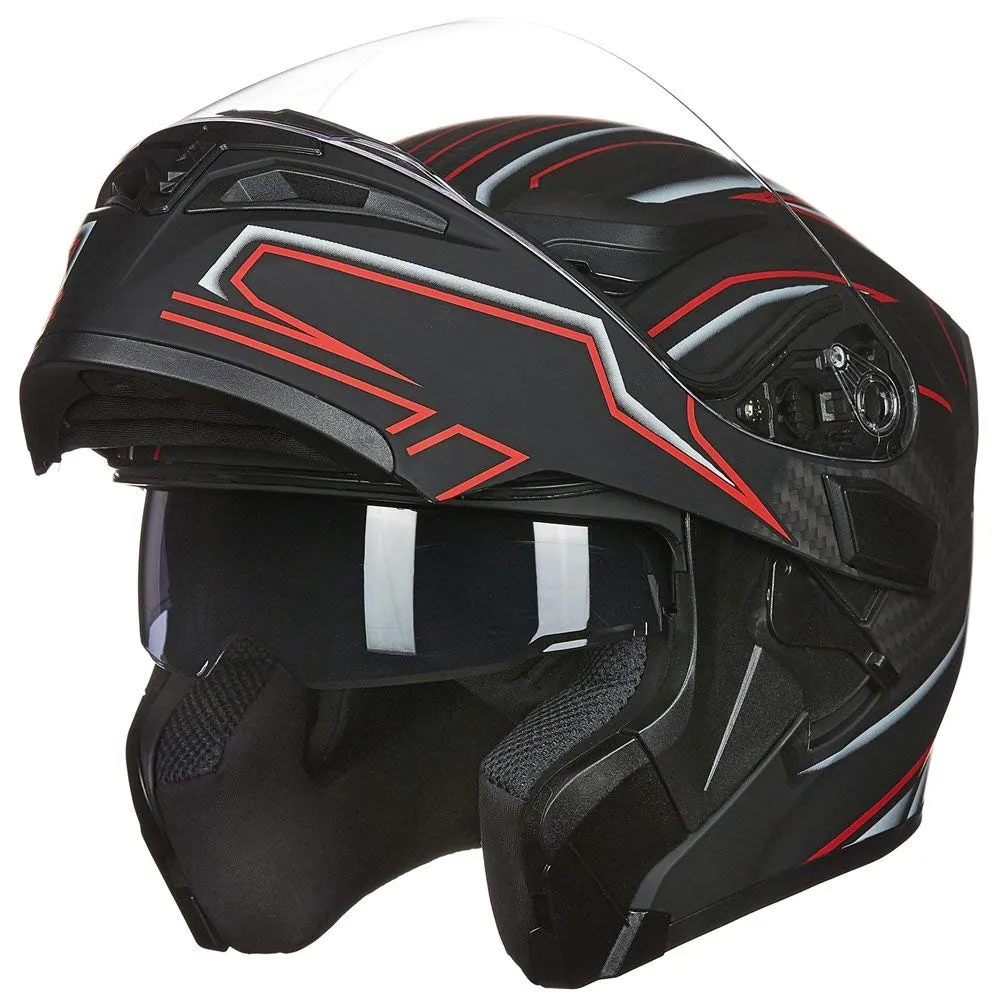 ILM Motorcycle Dual Visor Flip up Modular Full Face Helmet DOT LED Light Model 902Ls (XL, Black RED - LED)