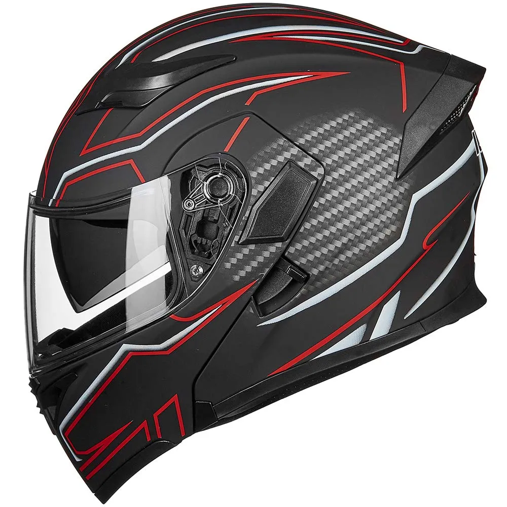 ILM Motorcycle Dual Visor Flip up Modular Full Face Helmet DOT LED Light Model 902Ls (XL, Black RED - LED)