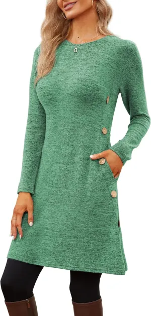 Jar of Love Women's Long Sleeve Scoop Neck Button Side Causal Fall Dress with Pockets