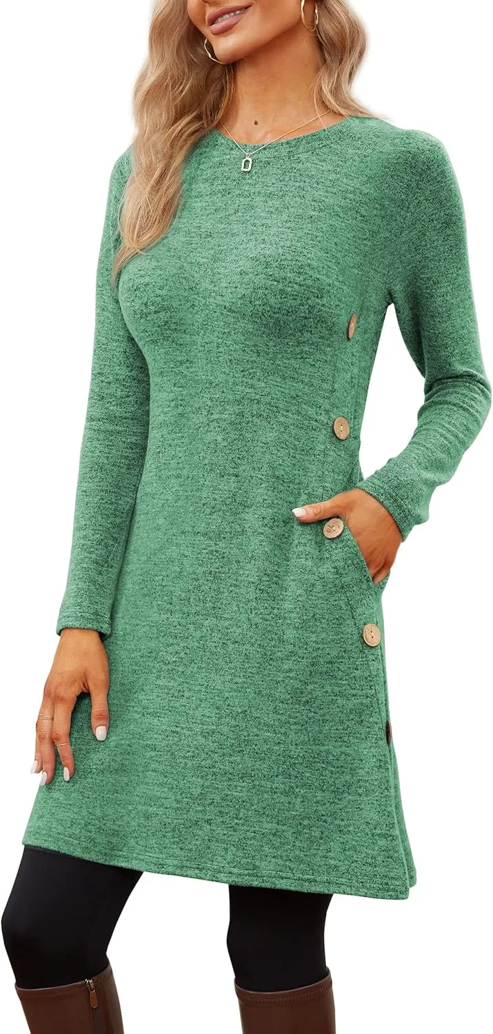 Jar of Love Women's Long Sleeve Scoop Neck Button Side Causal Fall Dress with Pockets
