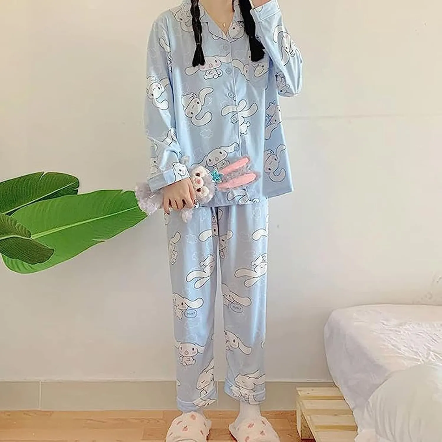 Kawaii Pajamas For Women Two-Piece Set Cute Cartoon Girls Pajamas Pants Cardigan Sleepwear Home Clothes