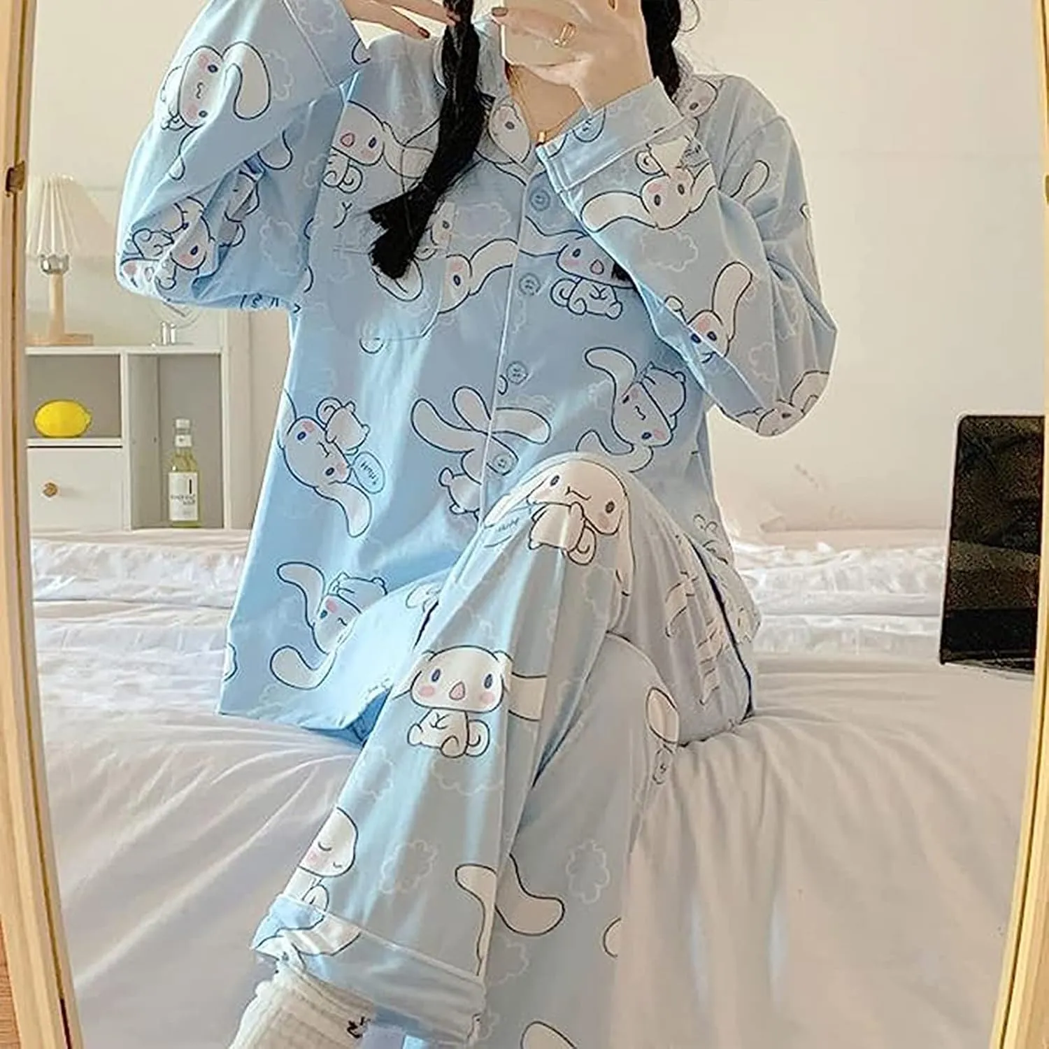 Kawaii Pajamas For Women Two-Piece Set Cute Cartoon Girls Pajamas Pants Cardigan Sleepwear Home Clothes