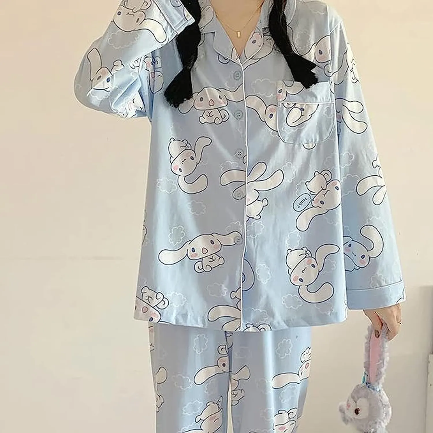 Kawaii Pajamas For Women Two-Piece Set Cute Cartoon Girls Pajamas Pants Cardigan Sleepwear Home Clothes
