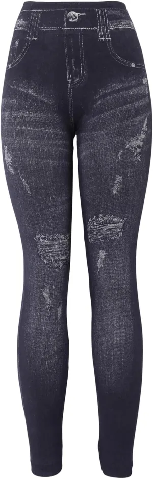 KMystic Women's High Waist Denim Print Jean Look Leggings