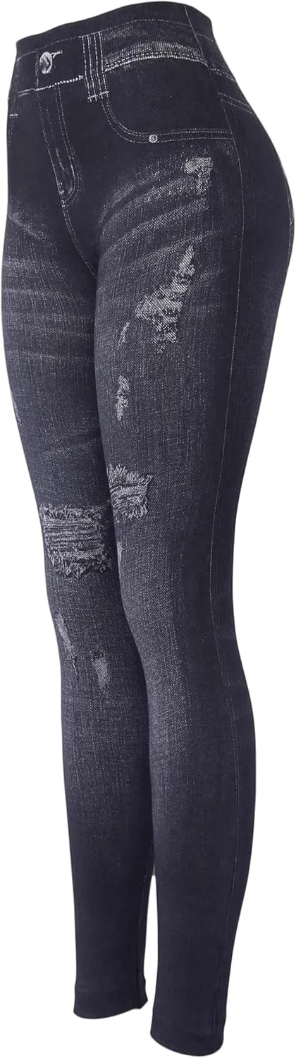 KMystic Women's High Waist Denim Print Jean Look Leggings