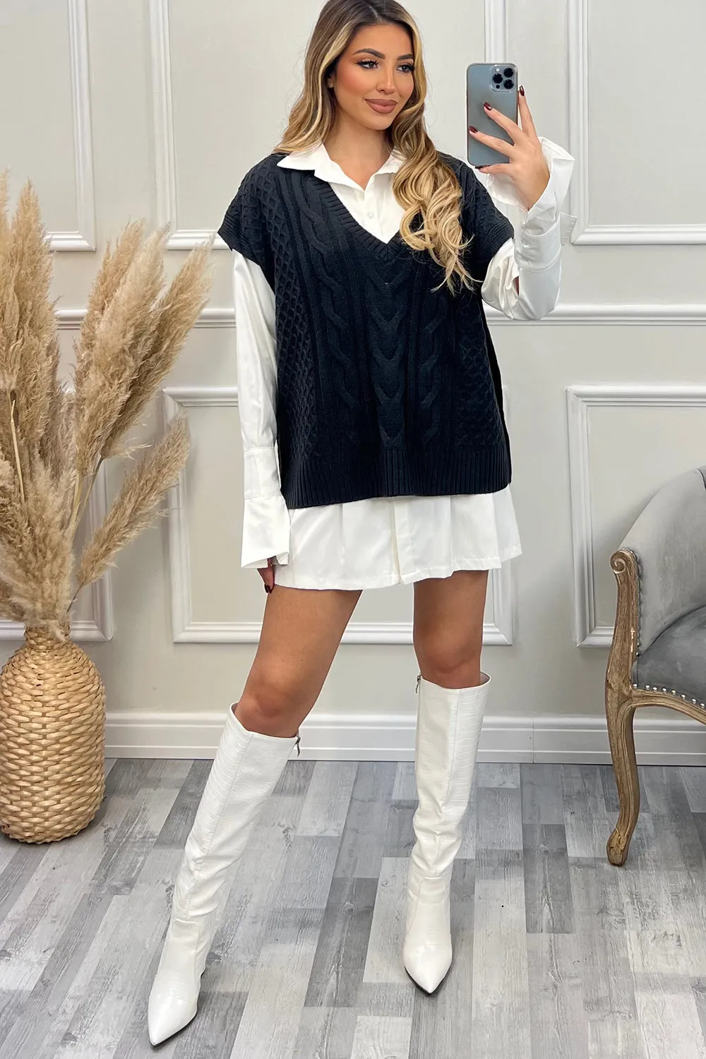 Libbie Charcoal V Neck Cable Knit Vest Top