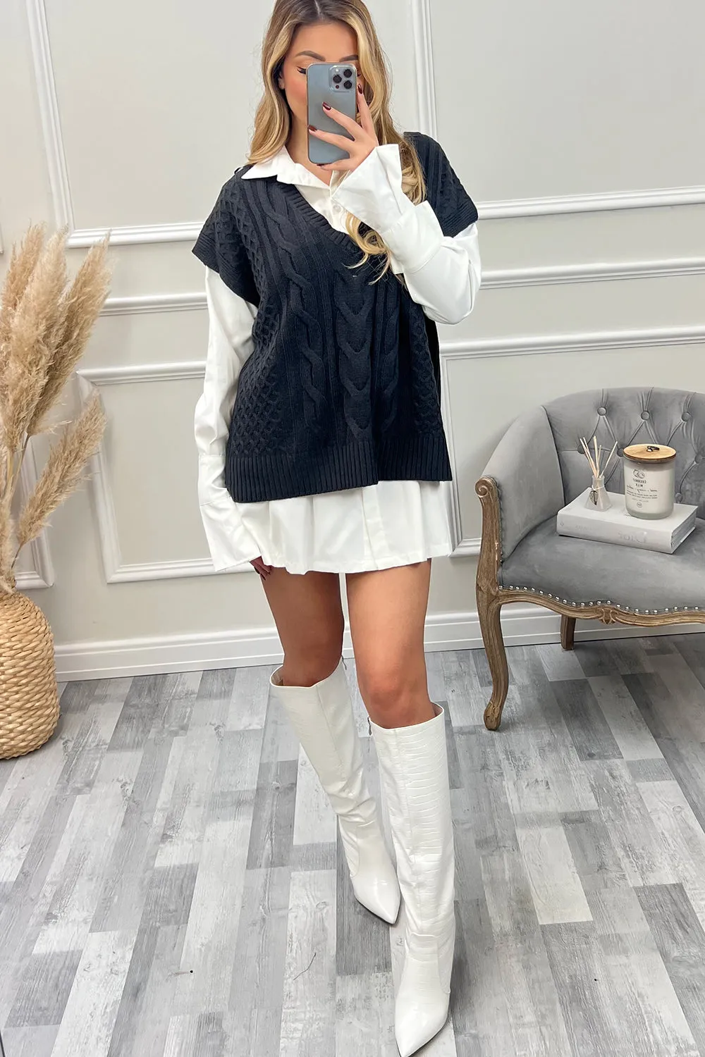 Libbie Charcoal V Neck Cable Knit Vest Top