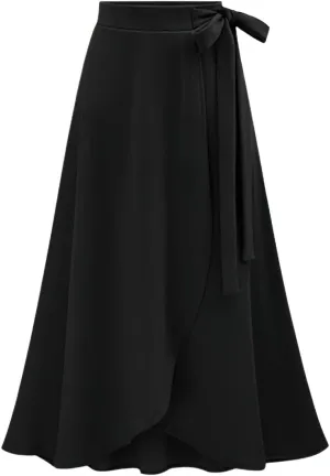 loveimgs Women's Fall Elastic High Waist Pleated Belted Midi Skirt Split Irregular Ruffle Hem Wrap Skirt