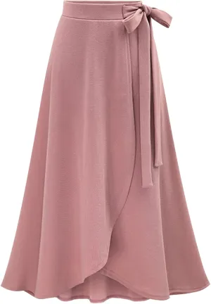 loveimgs Women's Fall Elastic High Waist Pleated Belted Midi Skirt Split Irregular Ruffle Hem Wrap Skirt