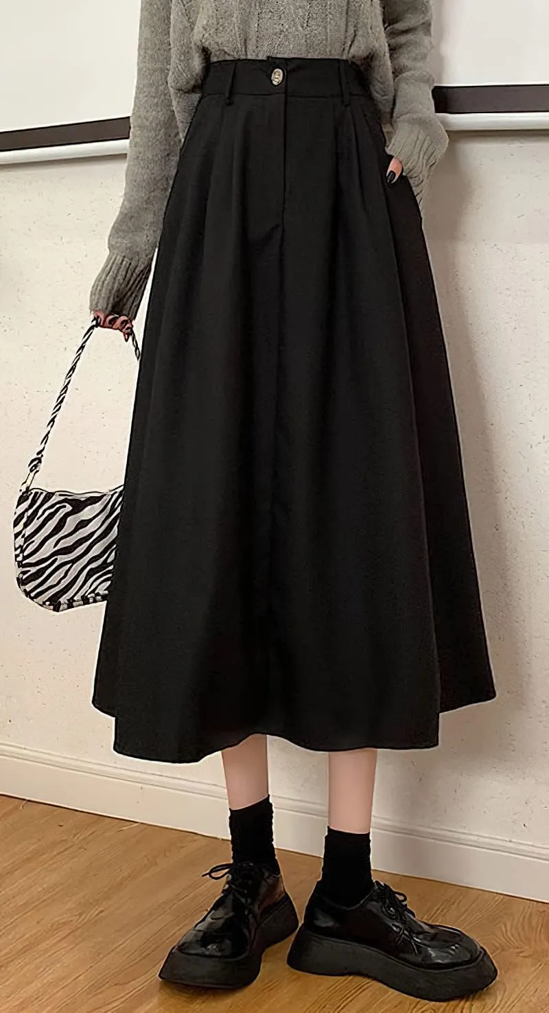 loveimgs Women's Summer Pleated Elastic High Waist Midi Skirt Vintage Flowy Zipper Long A Line Skirt with Pockets