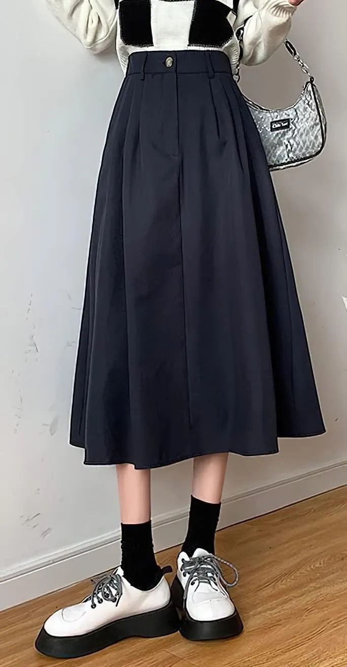 loveimgs Women's Summer Pleated Elastic High Waist Midi Skirt Vintage Flowy Zipper Long A Line Skirt with Pockets