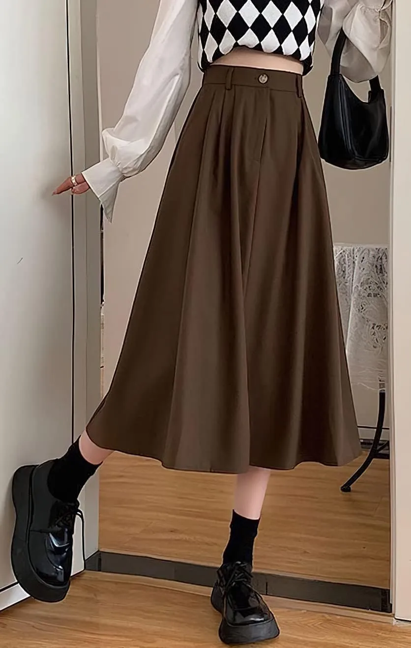 loveimgs Women's Summer Pleated Elastic High Waist Midi Skirt Vintage Flowy Zipper Long A Line Skirt with Pockets