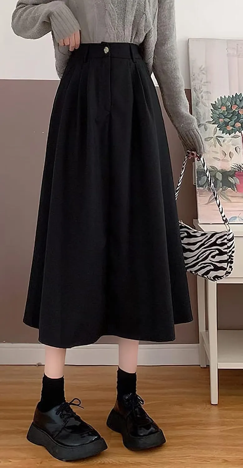 loveimgs Women's Summer Pleated Elastic High Waist Midi Skirt Vintage Flowy Zipper Long A Line Skirt with Pockets